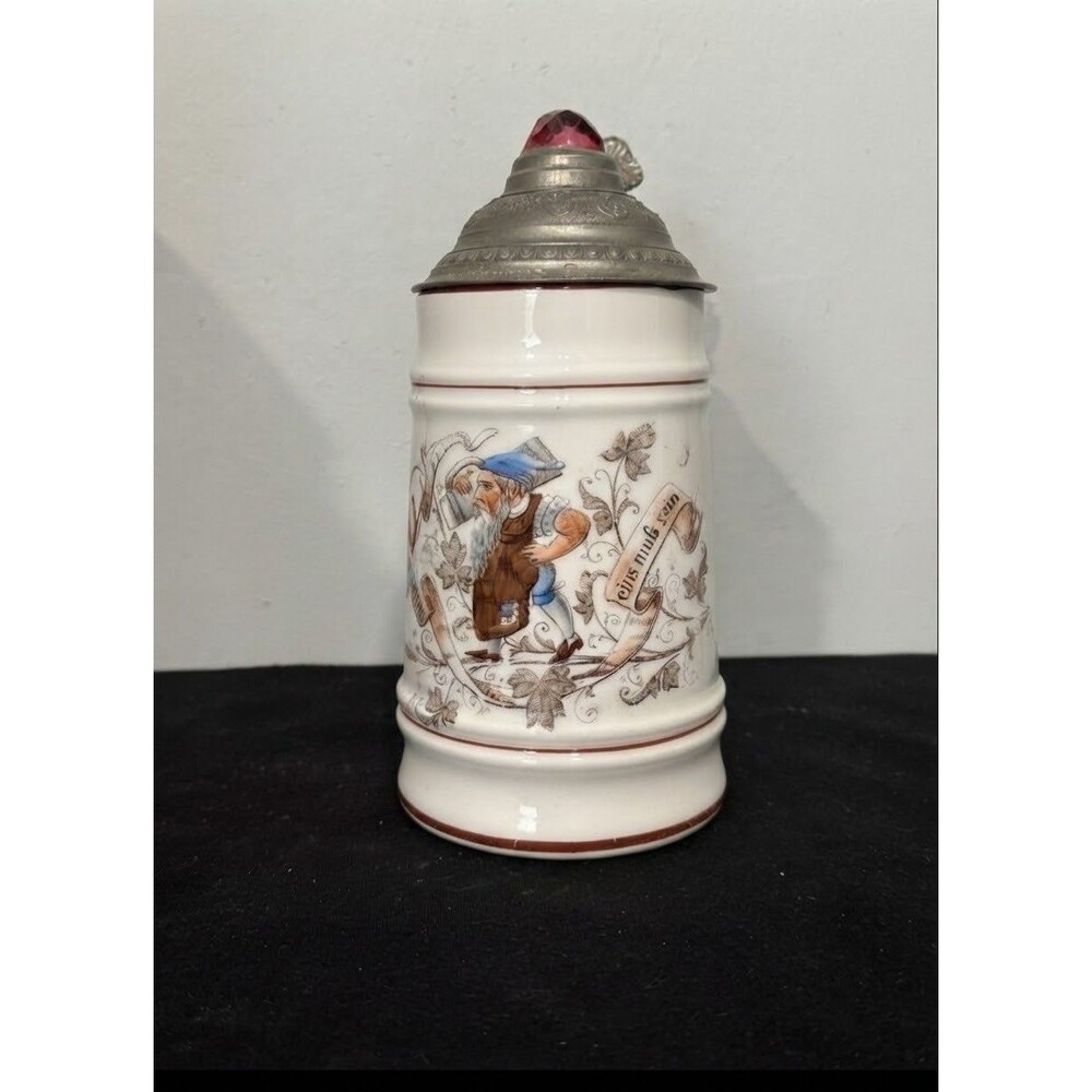 Antique German Beer Stein Pewter Lid with Red Crystal Topper 1/2 L
